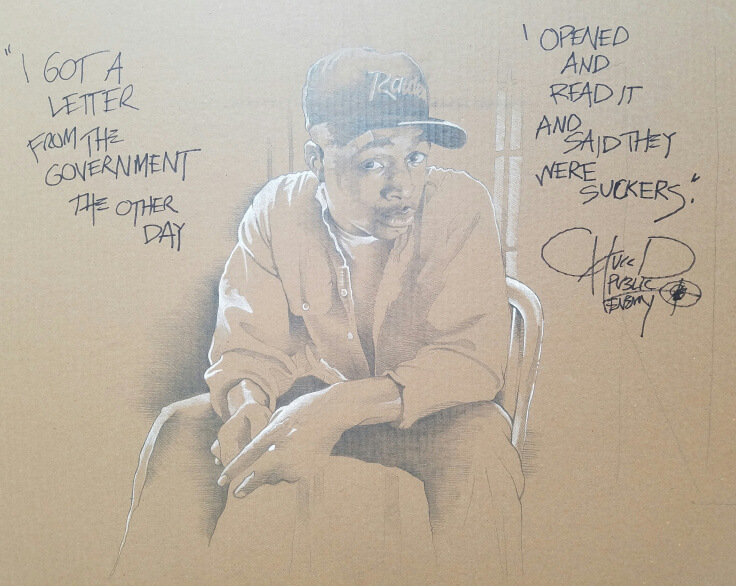 ‘Black Steel in the Hour of Chaos’ by Andy Katz and Chuck D – 24″ x 36″ – graphite and white charcoal on cardboard – reference photo by Glen E. Friedman