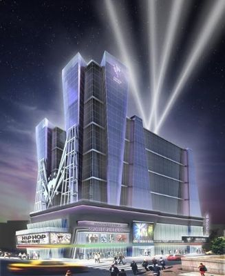 Hip Hop Hall of Fame + Museum & Hotel Entertainment Complex State of The Art Facility Coming to New York City in Manhattan. Nighttime view.